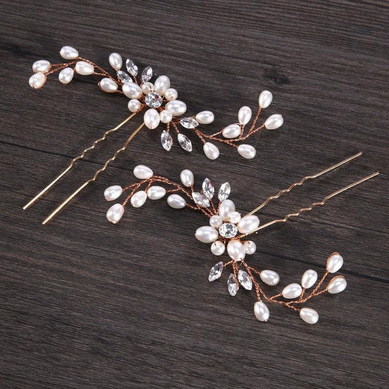 زفاف - Dainty rose gold or silver crystal and pearl bridal hairpins. Elegant wedding hair clips. White ivory clear zirconia bridal hair barrette