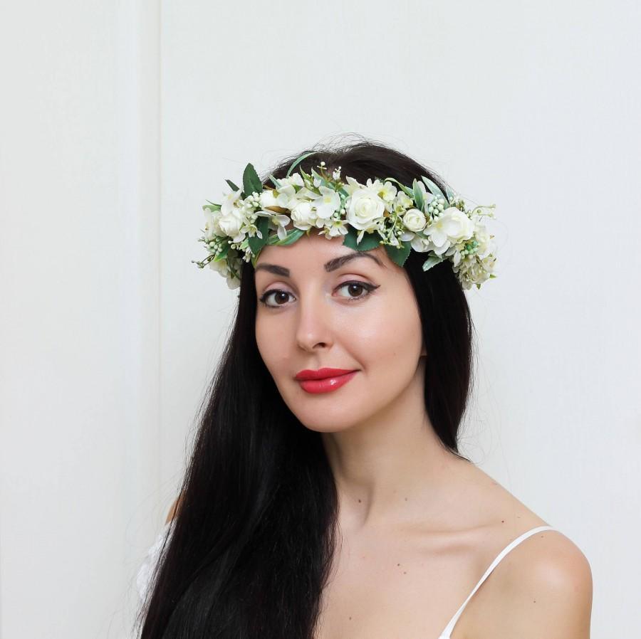Hochzeit - White rose flower crown Bridal hair wreath Wedding halo Flower headband  Boho floral crown Girl flower crown Bridesmaid
