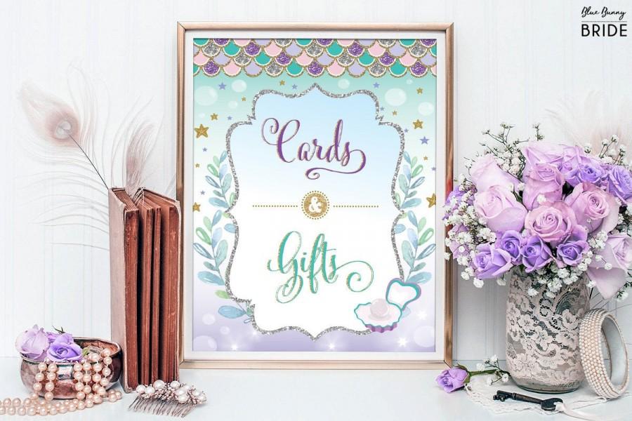 Wedding - Mermaid GIFTS and CARDS Sign. Printable Purple Gold Silver Bridal Shower. Sparkly Beach Ocean Sea Cards and Gifts Wedding sign. MER4