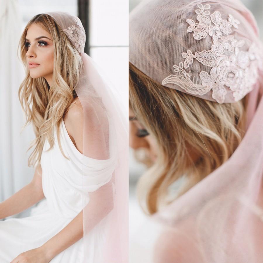 Wedding - Pink Juliet Cap Veil-Lace Cap Veil-Art Deco Veil-1920s Veil-1920s Bride-Halo Crown-1920s Headpiece-Pink Lace Applique-Boho Veil-  1718