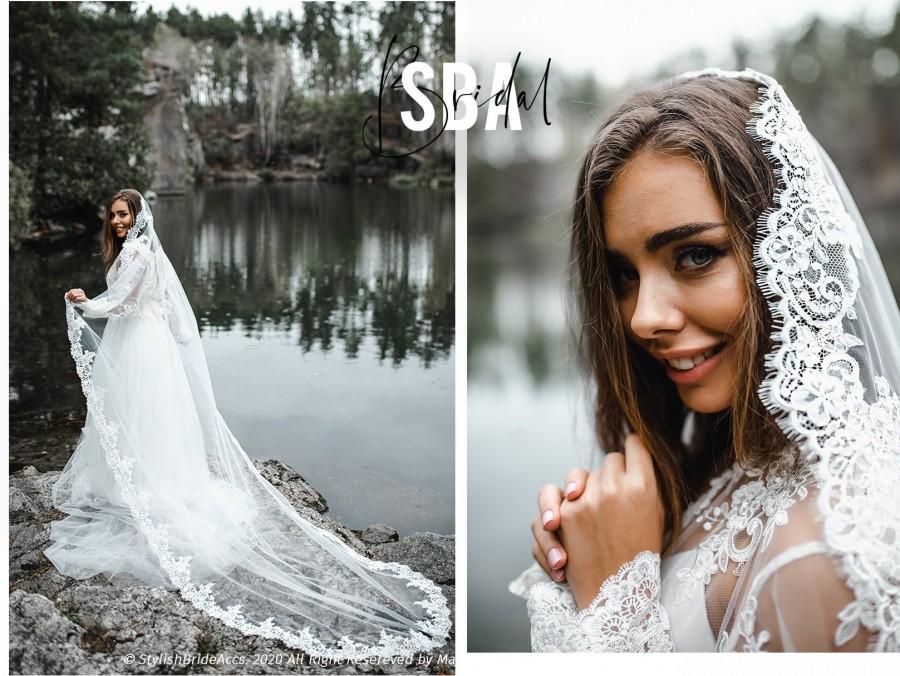 Wedding - Rosaleen Wide Lace Veil with Trim All Around, Long Lace Veil, High Quality Handmade Lace Veil / 2020 New SBA Bridal