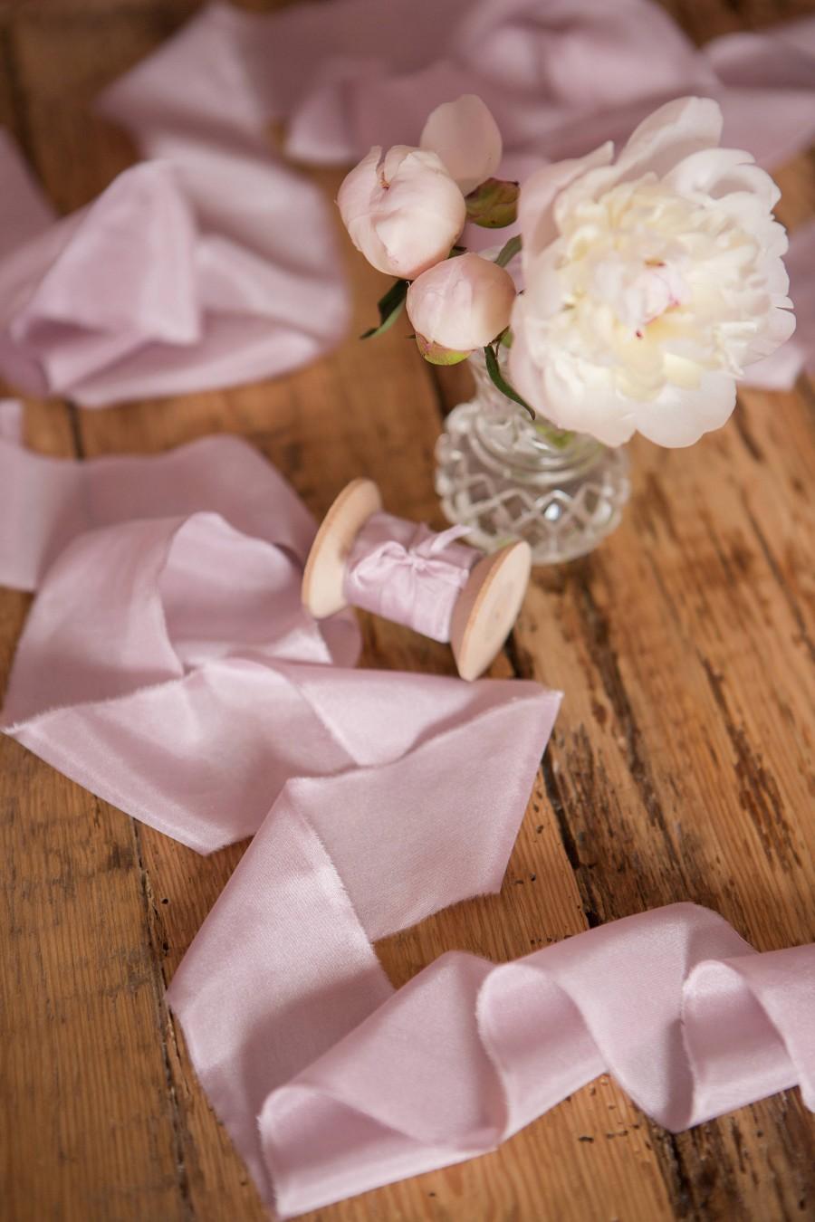 Hochzeit - Blush Silk Ribbon, hand dyed Bridal Bouquet ribbon, 2 inch pale lilac habotai silk, invitation ribbon by yard, Wedding Luxurious Silk Ribbon