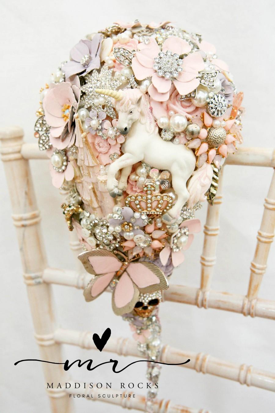 Свадьба - Fairytale unicorn Whimsical alternative Cascading brides brooch bouquet Vintage retro rhinestone button floral flower wedding posy bouquet
