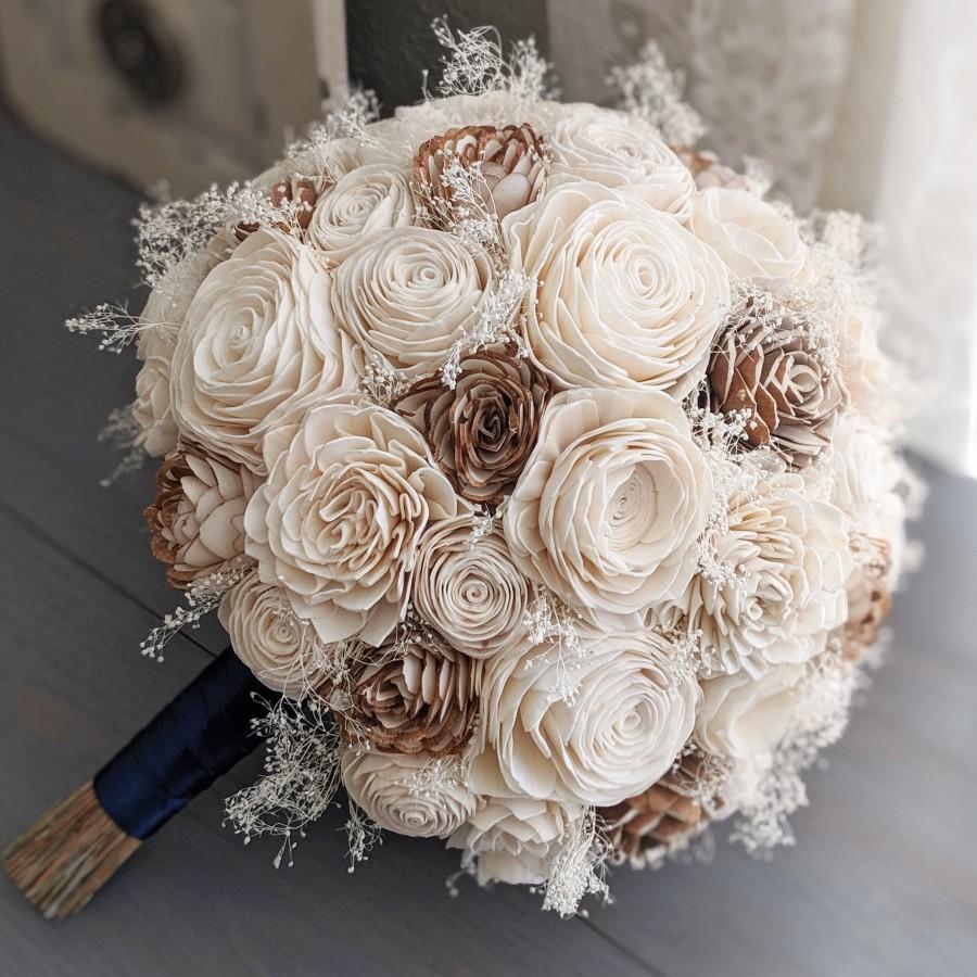 Wedding - All Ivory / Raw Sola Wood Flower Bouquet with Babys Breath - Rustic Bridal Bridesmaid Toss