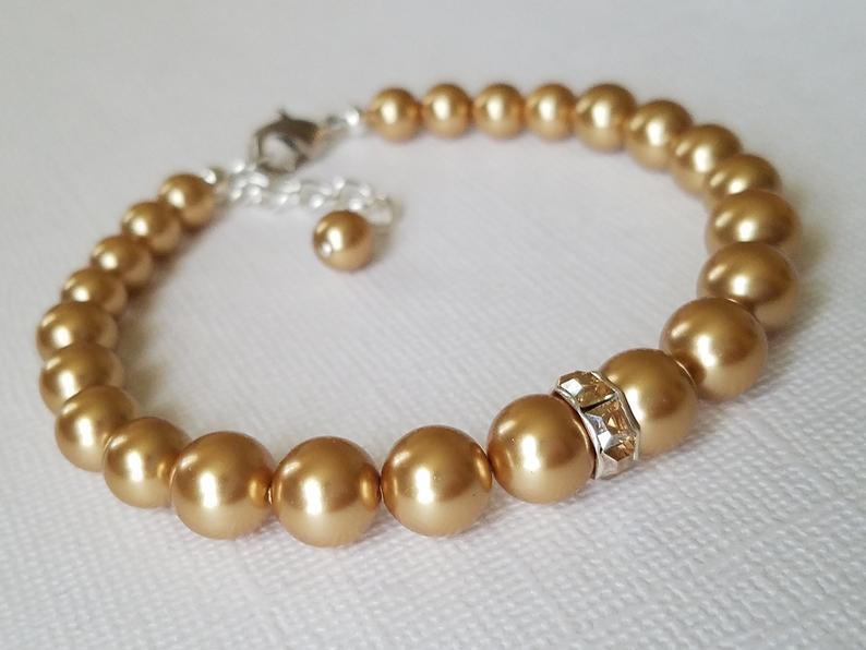 Mariage - Gold Pearl Bracelet, Swarovski Bright Gold Pearl Silver Bracelet, Wedding Bracelet, Gold Pearl Jewelry, Bridal Party Gift, Bridal Jewelry
