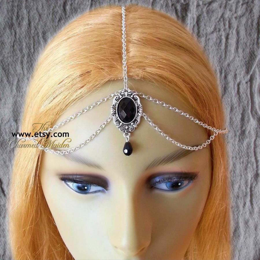 Mariage - Gothic Victorian Mourning Headpiece, Jet Black and Silver Boho Goth Head Chain, Gothic Bride Wedding Headdress