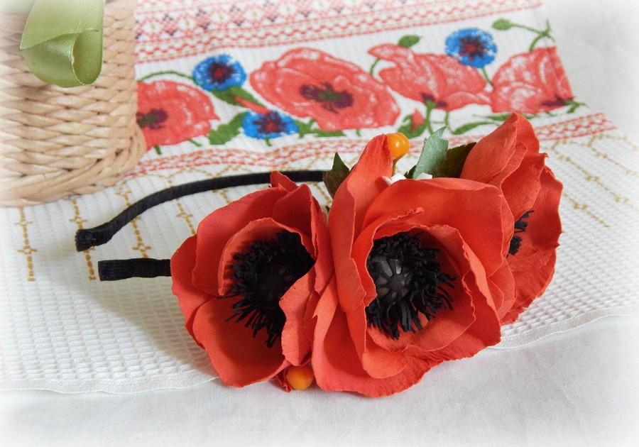 Mariage - Red poppy flower crown Ukrainian flower headpiece Red flower headband Boho flower crown Ukrainian gift for her Red wedding