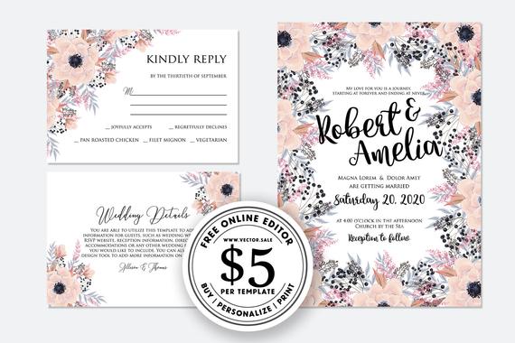 زفاف - Wedding invitation flower pink blush anemone berry digital card template free editable online USD 5.00 on VECTOR.SALE