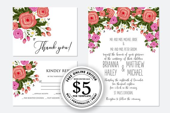 زفاف - Wedding invitation white flower red pink rose peony ranunculus anemone digital card template free editable online USD 5.00 on VECTOR.SALE