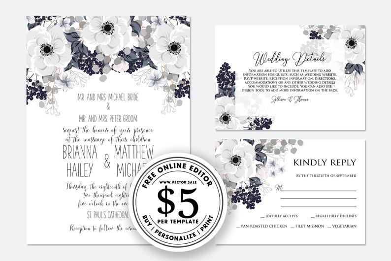 Wedding - Wedding invitation white flower anemone and blackberry digital card template free editable online USD 5.00 on VECTOR.SALE