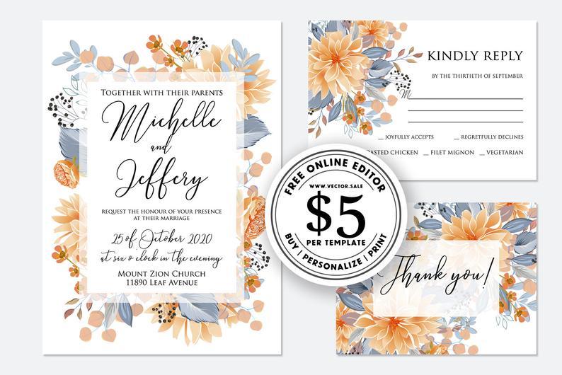 Hochzeit - Wedding invitation peach orange chrysanthemum peony eucalyptus greenery digital card template free editable online USD 5.00 on VECTOR.SALE