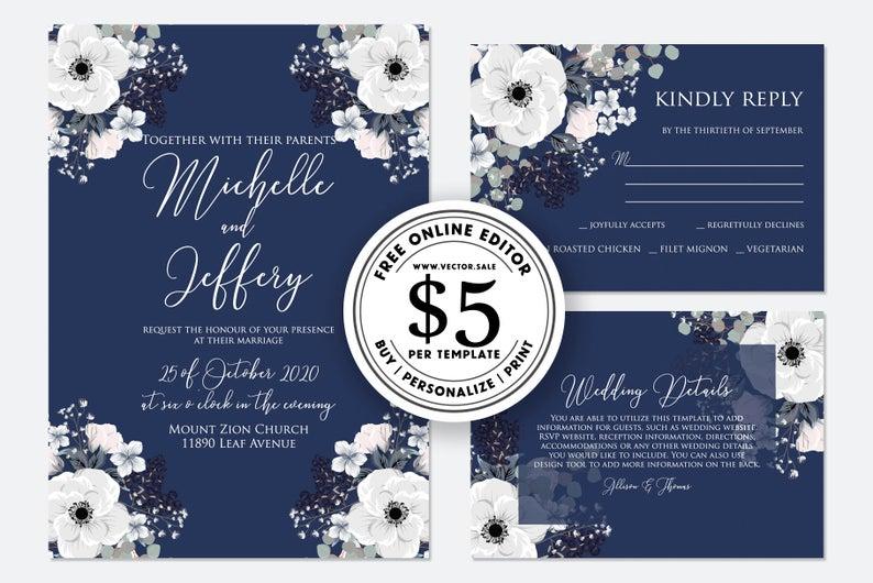 زفاف - Wedding invitation white flower anemone on navy blue background digital card template free editable online USD 5.00 on VECTOR.SALE