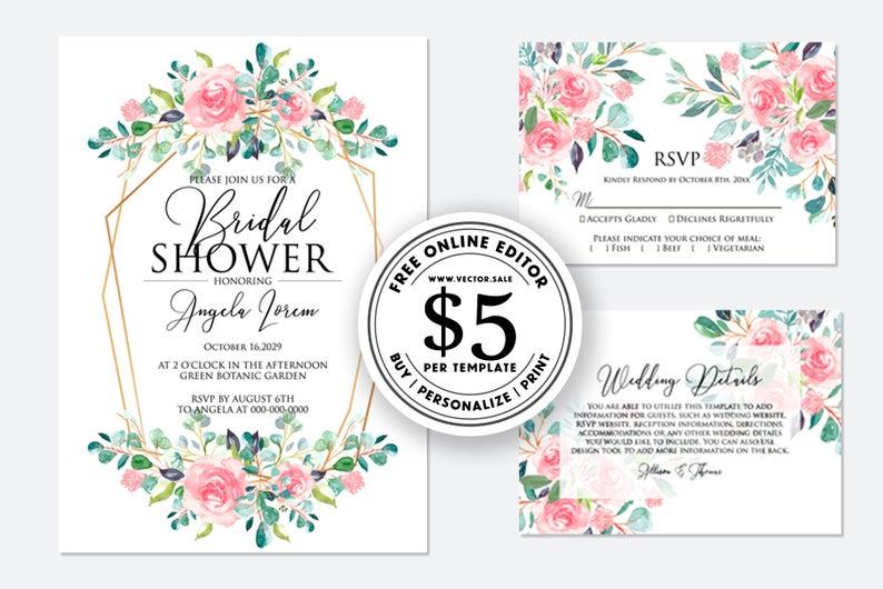 Свадьба - Wedding invitation watercolor blush pink rose peony eucalyptus greenery digital card template free editable online USD 5.00 on VECTOR.SALE