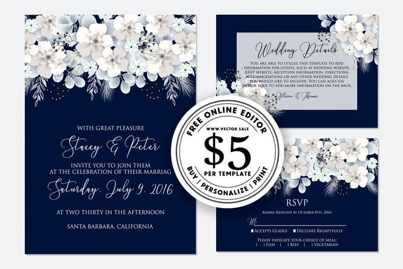 Hochzeit - Wedding Invitation set white sakura hydrangea flower on navy blue background RSVP card, wedding details card, Printable, Editable