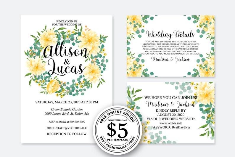 Mariage - Wedding Invitation set yellow dahlia chrysanthemum sunflower eucalyptus greenery RSVP card, wedding details card, Printable, Editable