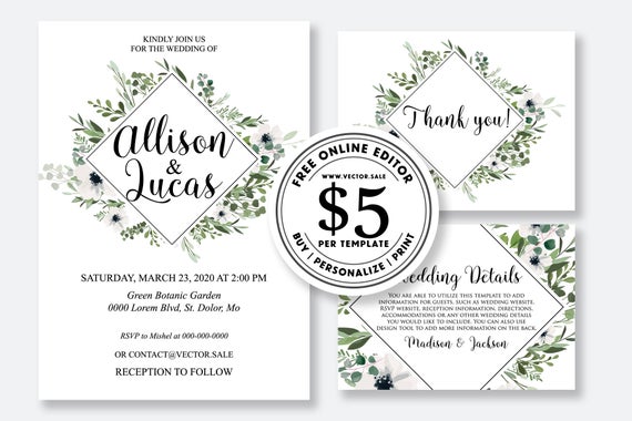 Wedding - Wedding Invitation set greenery and white anemone