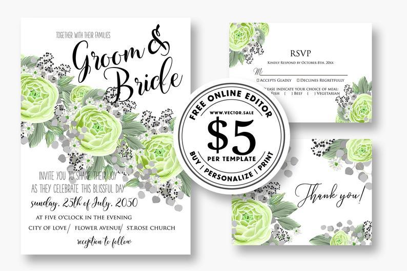 Свадьба - Wedding Invitation set green rose peony ranunculus watercolor greenery card template free editable online USD 5.00 on VECTOR.SALE