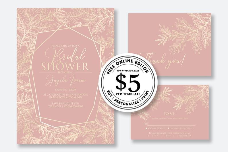 Mariage - Wedding Invitation set pink gold silver floral pampas grass card template editable online USD 5.00 only on VECTOR.SALE