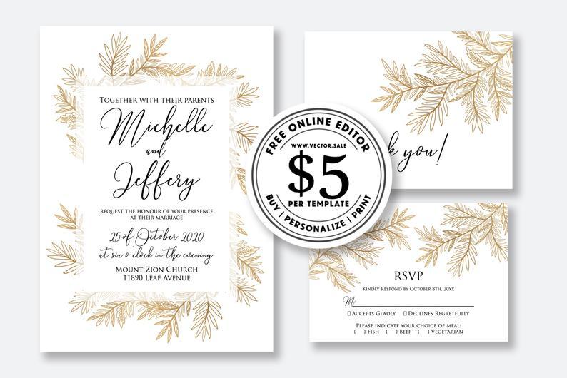 زفاف - Wedding Invitation set rose gold foil floral pampas grass card template editable online USD 5.00 on VECTOR.SALE