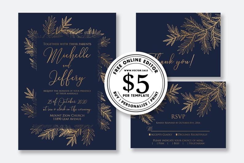 Hochzeit - Wedding Invitation set navy blue gold foil floral pampas grass card template editable online USD 5.00 on VECTOR.SALE