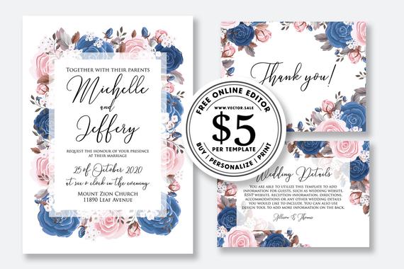 Wedding - Wedding Invitation set watercolor floral rose pink peony greenery marsala navy blue card template editable online USD 5.00 on VECTOR.SALE