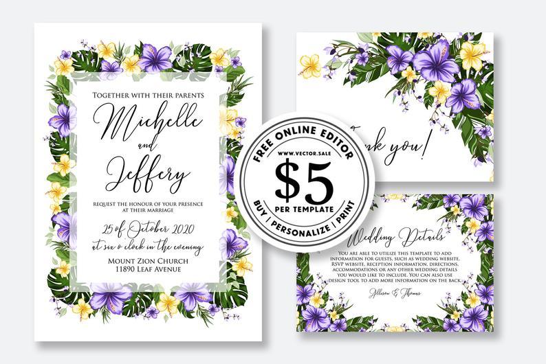 Hochzeit - Wedding Invitation set watercolor purple hibiscus tropical palm leaf greenery aloha luau card template editable online USD 5.00 VECTOR.SALE