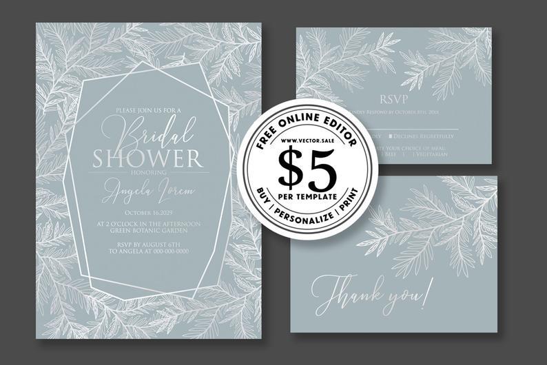 Wedding - Wedding Invitation set gray blue gold silver floral pampas grass card template editable online USD 5.00 on VECTOR.SALE