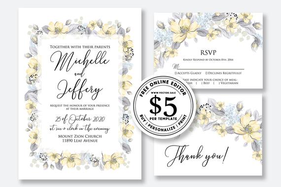 Hochzeit - Wedding Invitation set watercolor greenery and white rose peony card template free editable online USD 5.00 on VECTOR.SALE