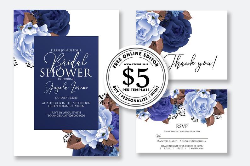 Wedding - Wedding Invitation set watercolor navy blue marsala peony rose greenery digital card template free editable online USD 5.00 VECTOR.SALE