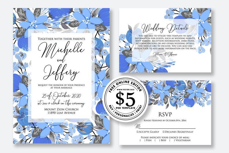 زفاف - Wedding invitation Marsala blue floral flower peony anemone digital card template free editable online USD 5.00 on VECTOR.SALE