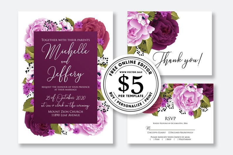 Hochzeit - Wedding Invitation set watercolor burgundy marsala peony rose pink greenery digital card template free editable online USD 5.00 VECTOR.SALE