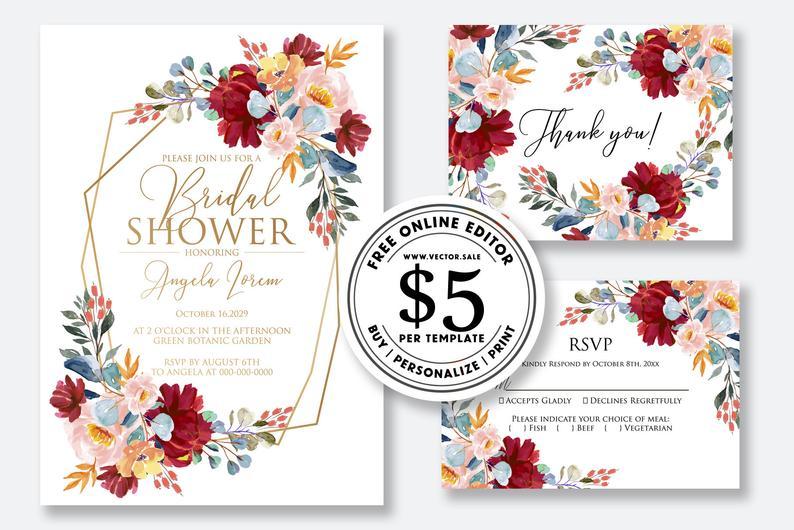 Wedding - Wedding Invitation set watercolor burgundy marsala peony rose pink greenery digital card template free editable online USD 5.00 VECTOR.SALE