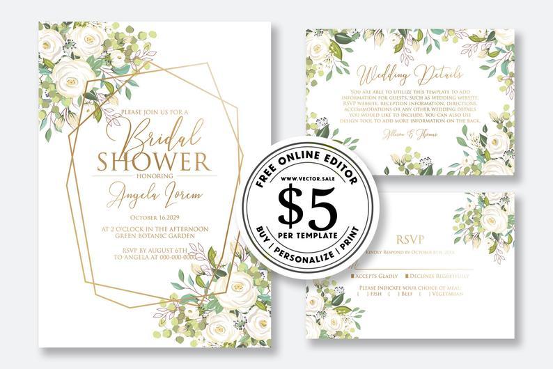 Wedding - Wedding invitation set watercolor white rose peony eucalyptus herbal greenery sakura card template editable online USD 5.00 on VECTOR.SALE