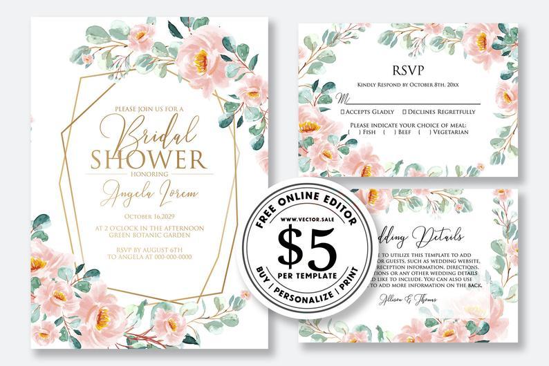 Свадьба - Wedding invitation watercolor blush pink rose peony eucalyptus greenery sakura peach card template editable online USD 5.00 on VECTOR.SALE