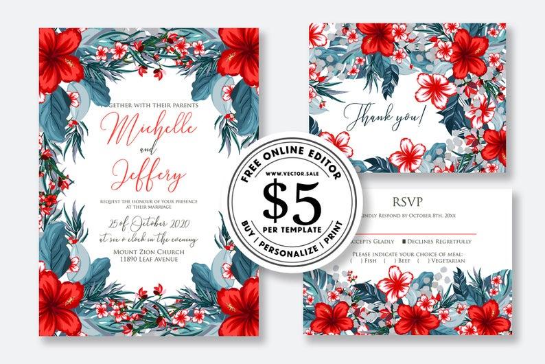 Hochzeit - Wedding Invitation set watercolor red hibiscus tropical palm leaf greenery aloha luau card template editable online USD 5.00 VECTOR.SALE