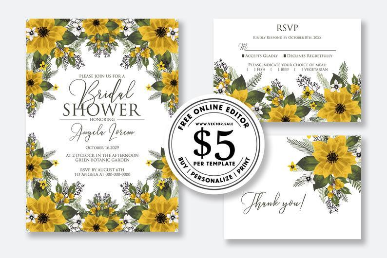 Hochzeit - Wedding invitation set yellow sunflower dahlia chrysanthemum bridal shower digital card template editable online USD 5.00 on VECTOR.SALE