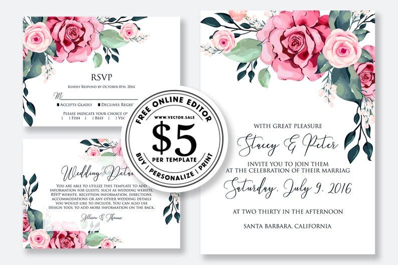 Hochzeit - Wedding Invitation set red rose peony watercolor greenery digital card template free editable online USD 5.00 on VECTOR.SALE