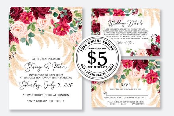 زفاف - Wedding invitation Marsala peony rose pampas grass greenery digital card template free editable online USD 5.00 on VECTOR.SALE