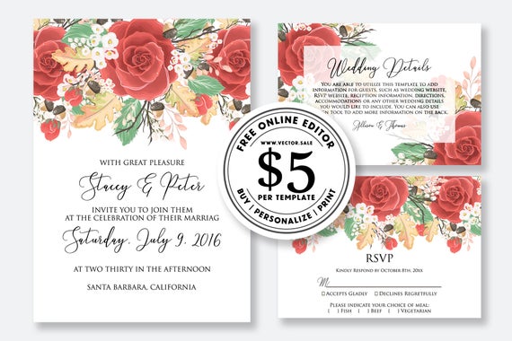 Свадьба - Wedding Invitation set red rose autumn fall leaves greenery digital card template free editable online USD 5.00 on VECTOR.SALE