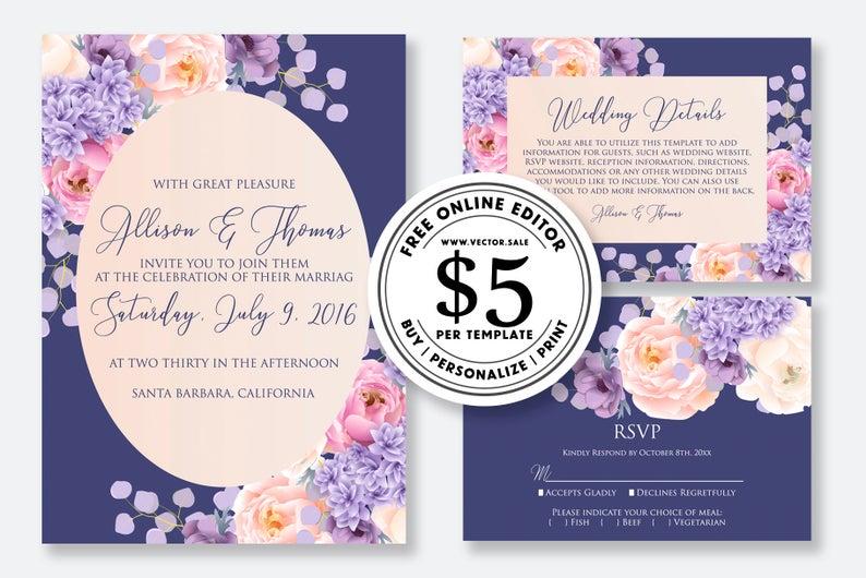 Hochzeit - Wedding invitation watercolor pink peach peony purple digital card template free editable online USD 5.00 on VECTOR.SALE