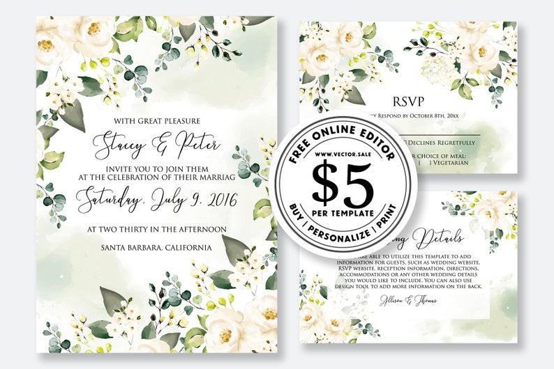 Hochzeit - Wedding Invitation set watercolor greenery and white rose peony card template free editable online USD 5.00 on VECTOR.SALE