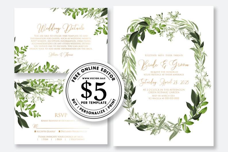 Hochzeit - Wedding Invitation set herbal greenery watercolor digital card template free editable online USD 5.00 VECTOR.SALE