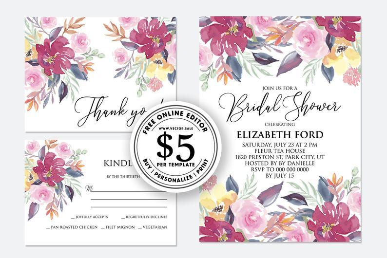 Mariage - Wedding invitation watercolor blush pink marsala rose peony greenery card template free editable online USD 5.00 on VECTOR.SALE