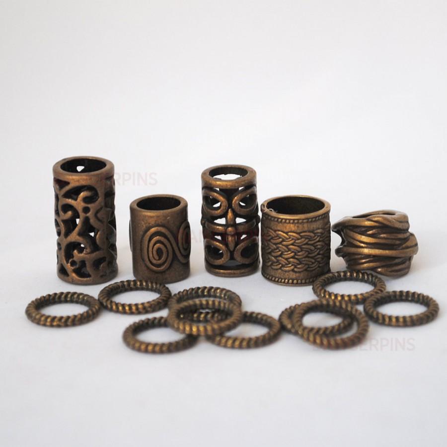 زفاف - 15 Mixed Bronze viking / celtic hair beard braid beads - tubes & rings  - dreadlock cuffs