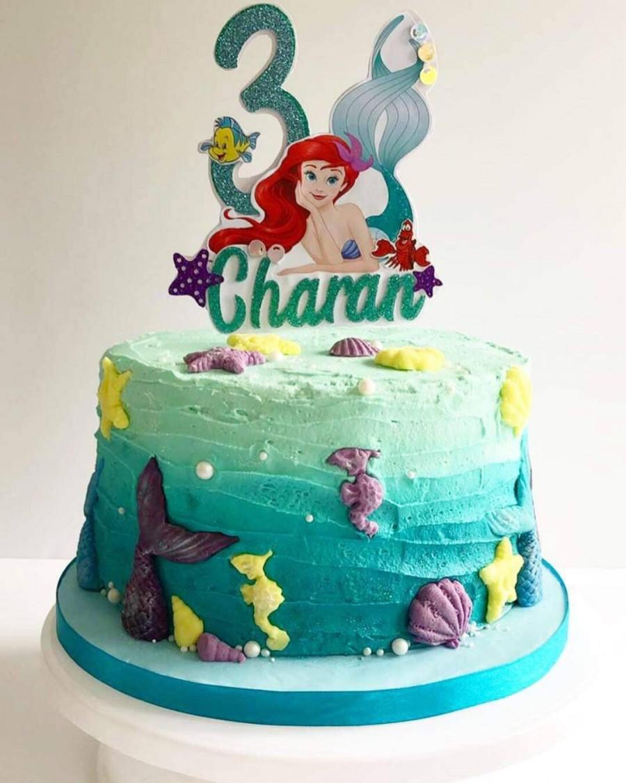 زفاف - Little Mermaid Ariel birthday cake topper add name and age glitter centerpiece