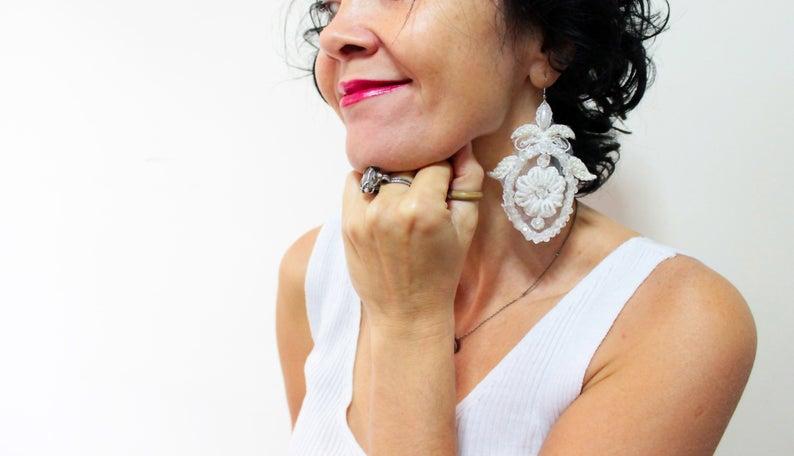 Mariage - Lace Beaded Statement Earrings Bridal Embroidered Earrings Wedding Floral Boho Lace Dangle Earrings Fashion Earrings Gift Her Bridal Gift