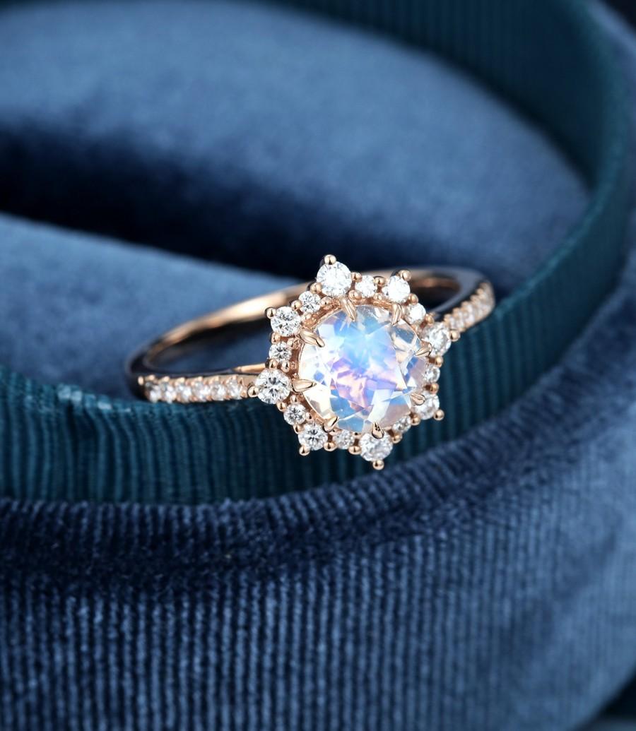 زفاف - Moonstone engagement ring vintage Rose gold engagement ring Unique Flower halo diamond half eternity wedding women Bridal Anniversary gift
