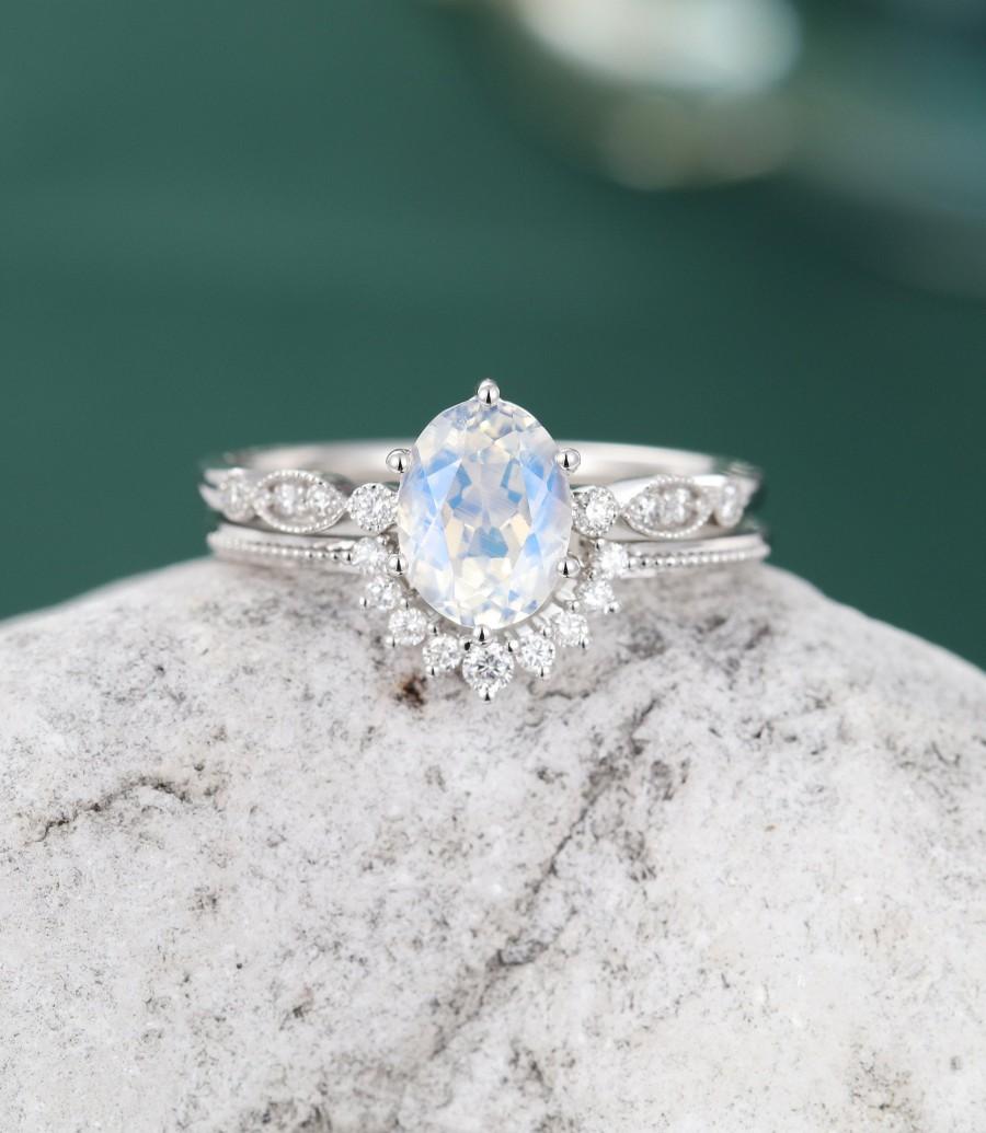 Mariage - Moonstone engagement ring set white gold Unique vintage engagement ring for women oval cut art deco eternity wedding Bridal Anniversary gift
