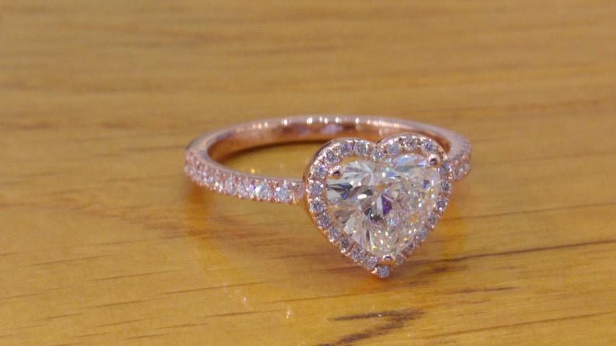 زفاف - 1 1/2 Carat Rose Gold Engagement Ring, Heart Shaped Engagement Ring, Heart Diamond Engagement Ring,Art Deco Ring, Diamond Heart Halo Ring