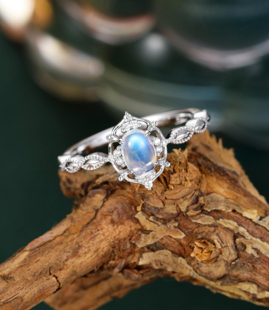 زفاف - Vintage Engagement ring 14k white gold Unique art deco Moonstone engagement ring diamond women oval cut antique gift for her anniversary